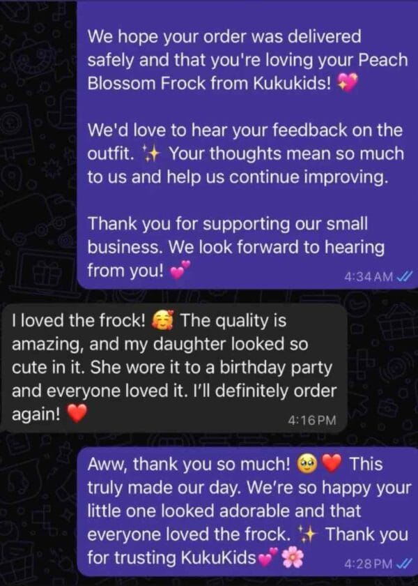 Message about the Peach Blossom Frock: I loved the frock, the quality is amazing, my daughter looked so cute in it, she wore it to a birthday party and everyone loved it, I will definitely order again