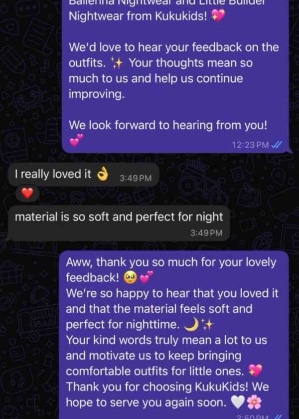 Message about Blush Ballerina and Little Builder nightwear: I really loved it, the material is so soft and perfect for night