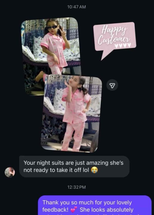 Photos of a girl in pink nightwear with a message: your night suits are just amazing, she is not ready to take it off