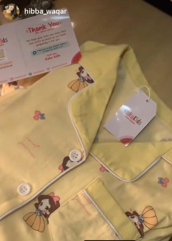 Instagram story by hibba_waqar showing yellow Kuku Kids nightwear with the thank-you card from the parcel