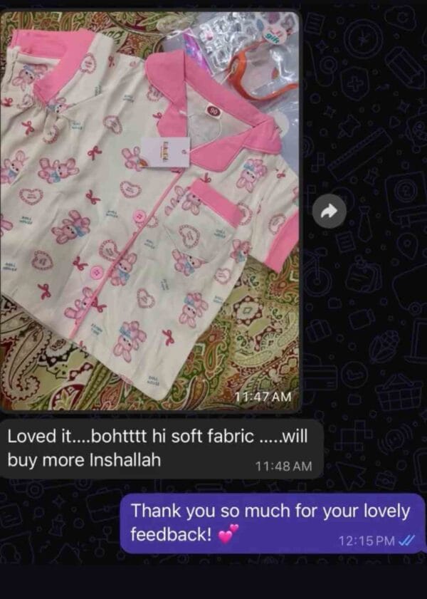 Photo of pink printed nightwear with a message: loved it, bohat hi soft fabric, will buy more Inshallah