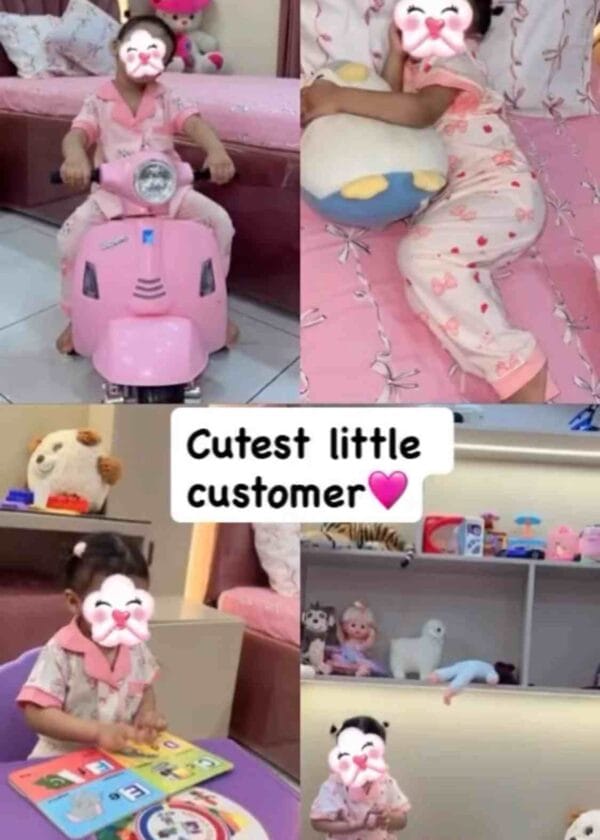 Photos a mother sent of her little girl at home in pink Kuku Kids nightwear