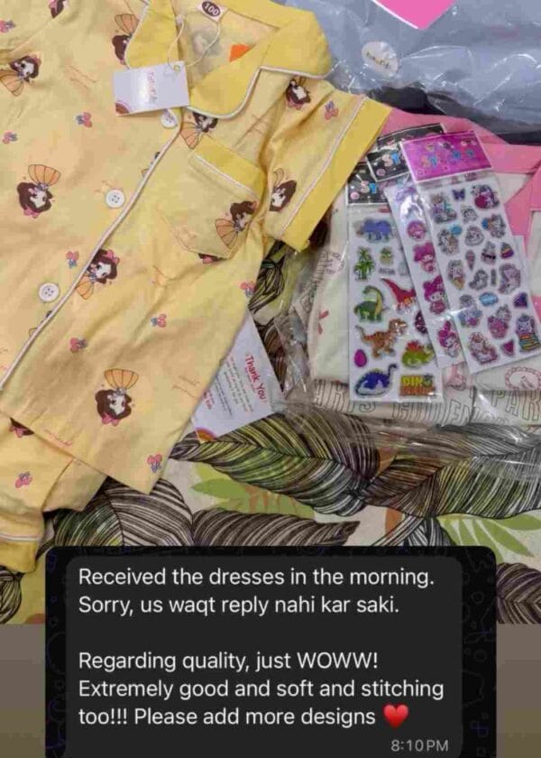 Photo of yellow printed nightwear with a message: regarding quality, just wow, extremely good and soft, and the stitching too, please add more designs